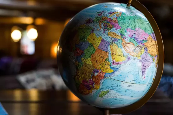 Stock Picture of a globe in a table, emphasizing Northeast Africa, Europe, and Western Asia.