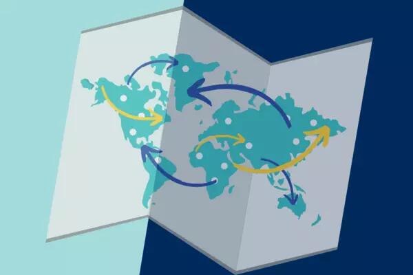 A world map on a light and dark blue background with arrows making connections across countries and continents.