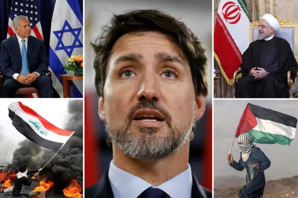 Composite image of Justin Trudeau (middle) and Middle Eastern leaders on each side