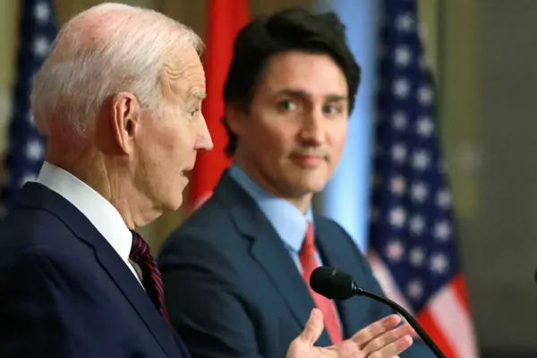 U.S. President Joe Biden, left, and Prime Minister Justin Trudeau at a press conference in Ottawa on March 24, 2023.