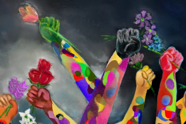 painting of colourful arms holding up flowers in their fists, with black background
