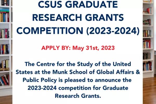 Poster of CSUS Graduate Research Grant Competition for 2023 on a white background with blue writing.