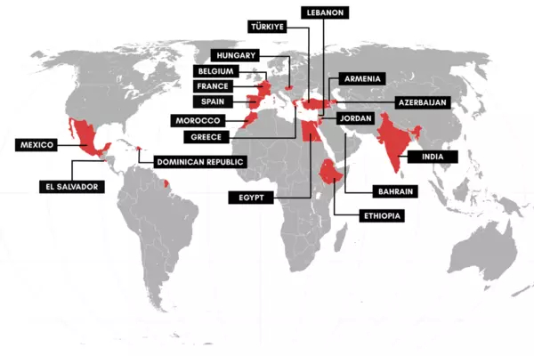 Map of 18 countries, where it has been confirmed with forensics that journalists were targeted with spyware.
