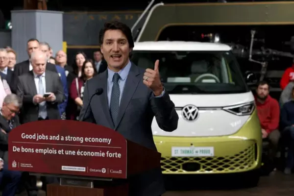 Canada's Prime Minister Justin Trudeau attends a news conference to announce details on the construction of a gigafactory for electric vehicle battery production by Volkswagen Group's battery company PowerCo SE in St. Thomas, Ont. on April 21.