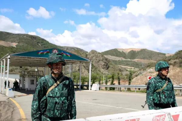 A view of an Azerbaijani checkpoint set up at the entry of the Lachin corridor, the Armenian-populated breakaway Nagorno-Karabakh region's only land link with Armenia on May 2.Tofik Babayev / AFP - Getty Images