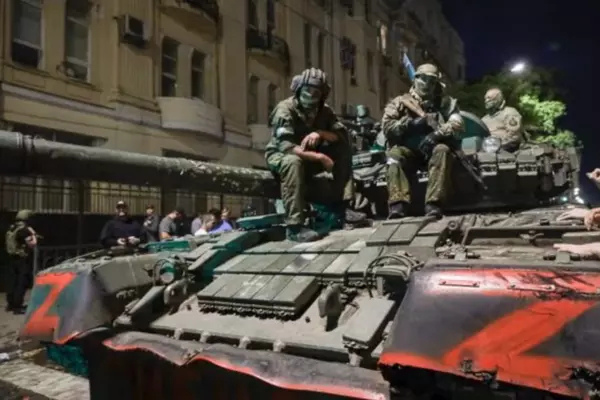 Members of the Wagner Group military company sit atop of a tank on a street in Rostov-on-Don, Russia, on June 24, 2023, prior to leaving an area at the headquarters of the Southern Military District. Kremlin spokesman Dmitry Peskov said that Yevgeny Prigozhin's troops who joined him in the uprising will not face prosecution and those who did not will be offered contracts by the Defense Ministry. (AP Photo)