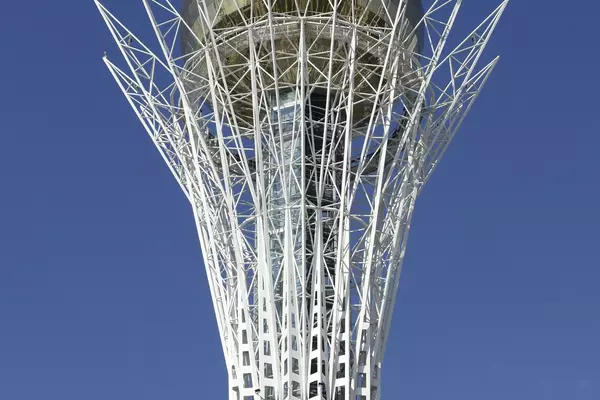 The Baiterek rises against a blue sky in Astana, Kazakhstan.