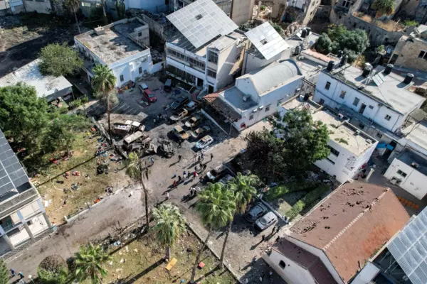 An aerial view of the complex housing the Ahli Arab hospital in Gaza City after an explosion on the hospital grounds that killed hundreds, according to Palestinian officials. Unraveling the facts behind the explosion has been made difficult because of swarms of social media accounts spreading false information about the explosion.