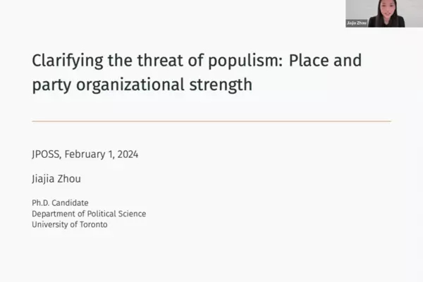 Screenshot of a Powerpoint presentation that reads, "Clarifying the threat of populism: Place and party organizational strength"
