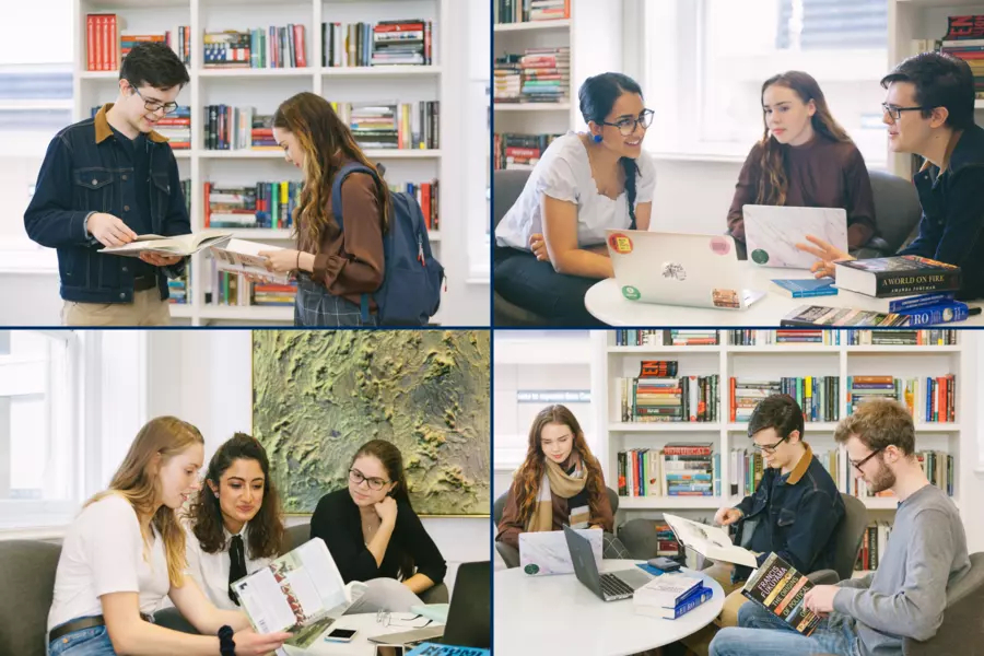 Collage of four photos of PCJ students in the Munk School library