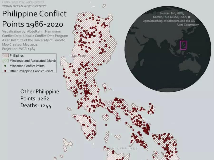 Map showing Philippines Conflict Points, 1986-2020 (map produced by the Appraising Risk partnership). Several islands are covered in red and green dots.