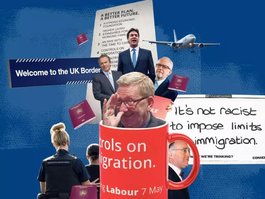Immigration graphic featuring UK politicians such as Jeremy Corbyn, UK passports, planes, border signage