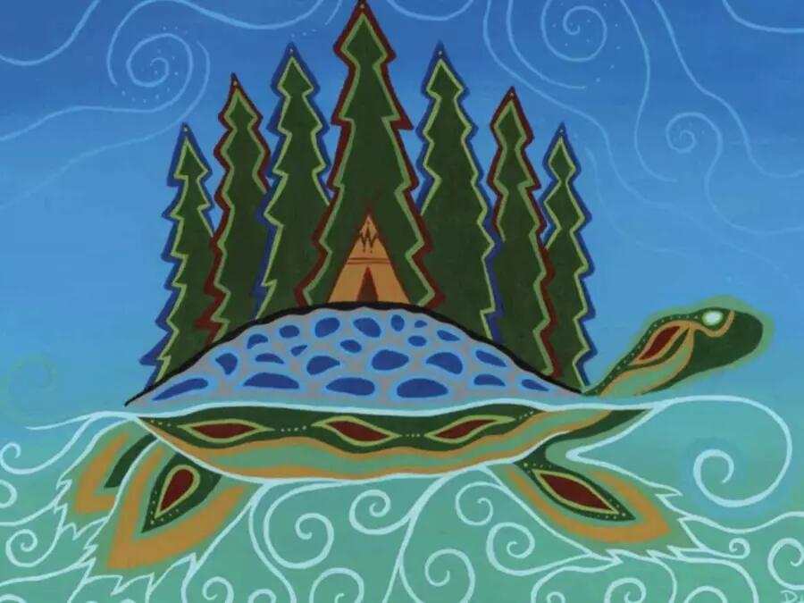 “Turtle Island” by Patrick Hunter. Patrick is a 2Spirit Ojibway Woodland artist from the community of Red Lake, in North Western Ontario.