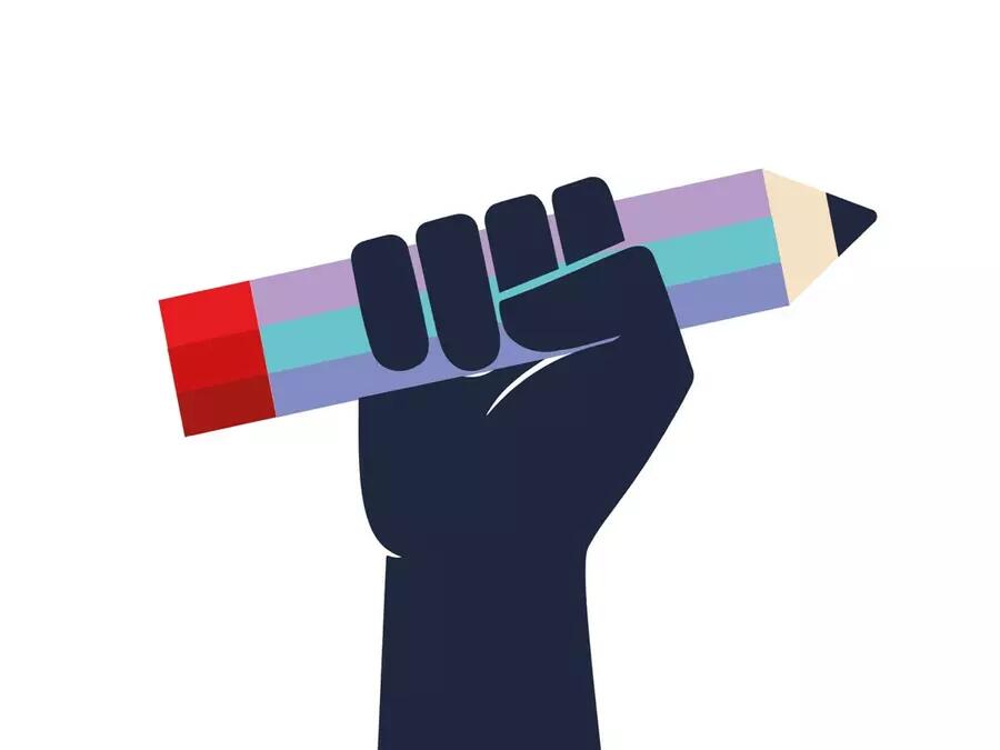 Illustration of a dark blue fist holding up a lavender and blue pencil with red eraser