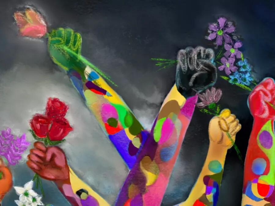 painting of colourful arms holding up flowers in their fists, with black background