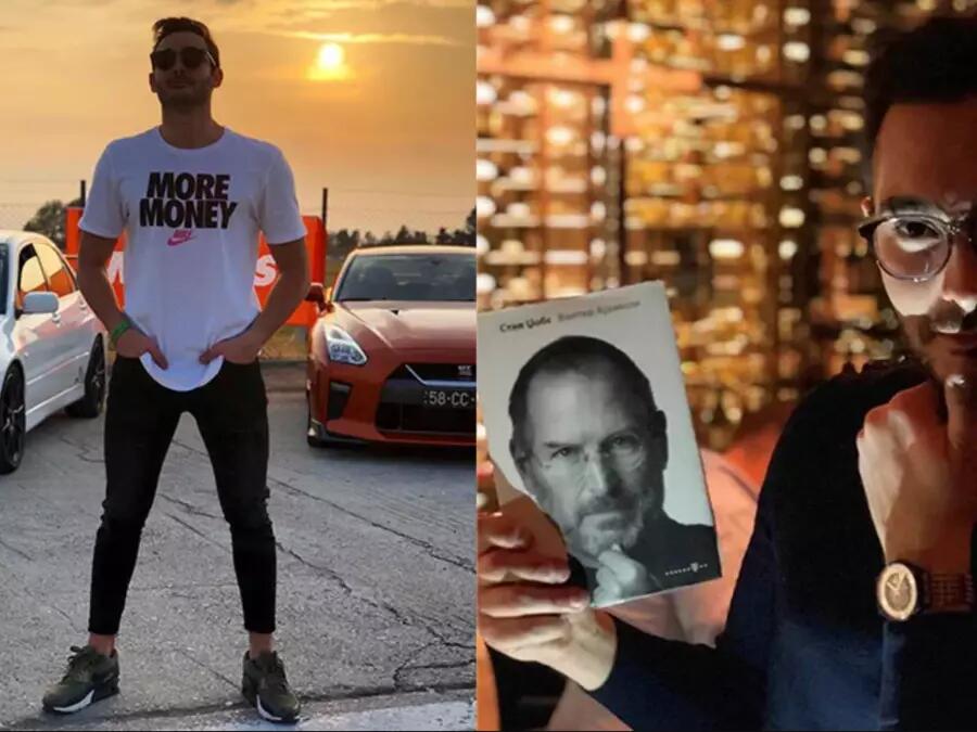 Cytrox CEO Ivan Malinowski wearing a "More Money" tshirt on the left, Malinowski mimicking the Steve Jobs book cover pose on the left