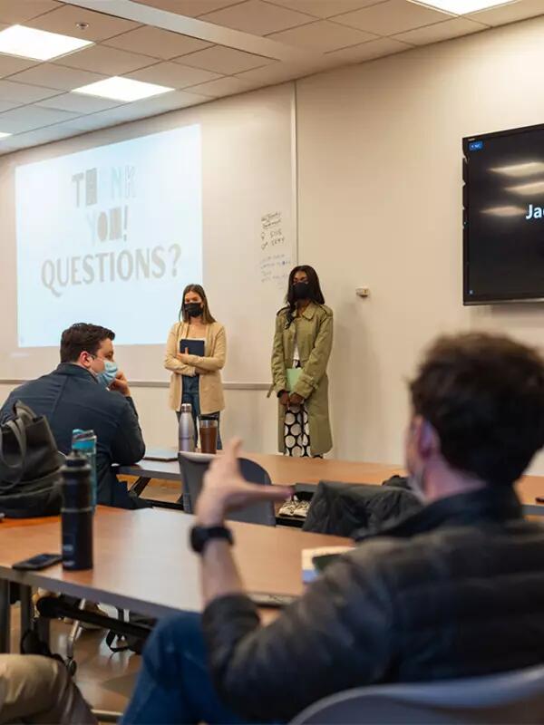 Students Sofia Padernal, Jessica Armstrong and Hilda-Matilda Idegwu deliver a presentation to City of Toronto staff about strategies to decarbonize existing buildings (photo by Geoffrey Vendeville)