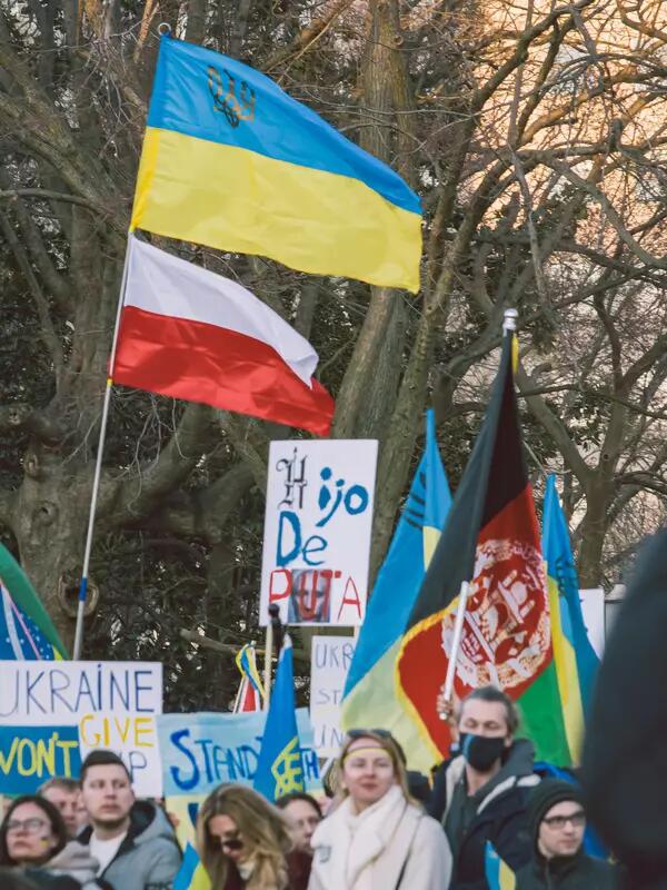 Protestors hold Ukrainian flags and signs decrying Putin's invasion of Ukraine.