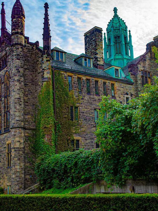 An old stone building at the University of Toronto, covered in ivy.