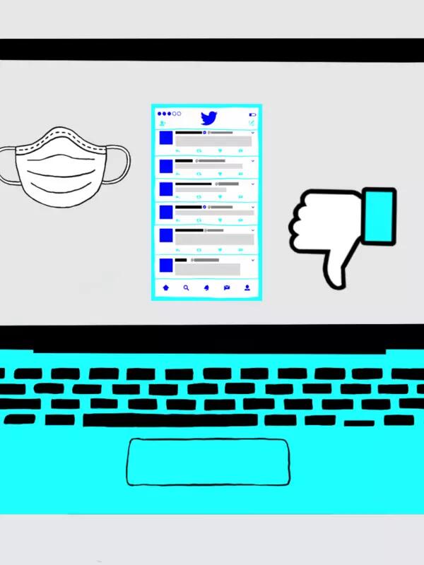 Graphic of a neon blue laptop with icons of a mask, a Twitter feed, and a thumbs down from Facebook on the screen