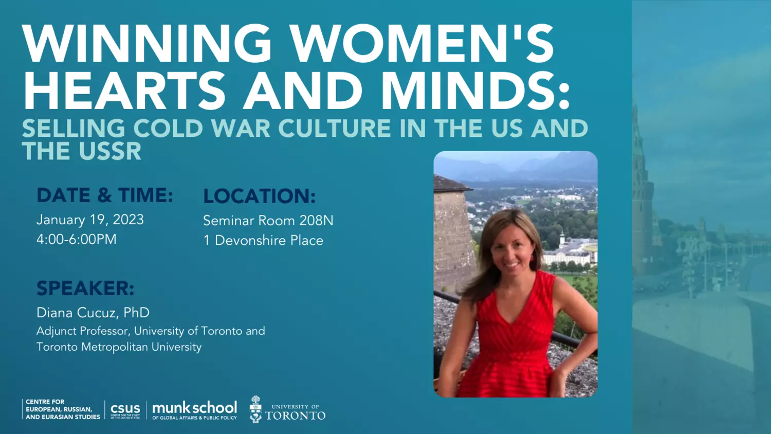 Winning Women's Hearts and Minds event details with photo of Diana Cucuz