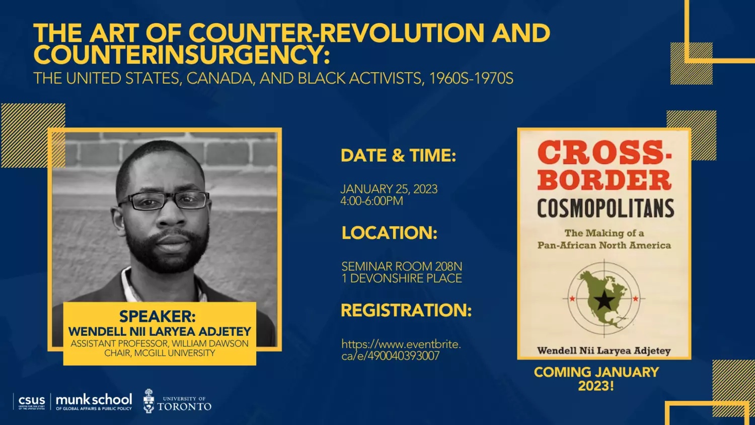Event details with photo of Wendell Nii Laryea Adjetey and image of Cross Border Cosmopolitatans book cover art