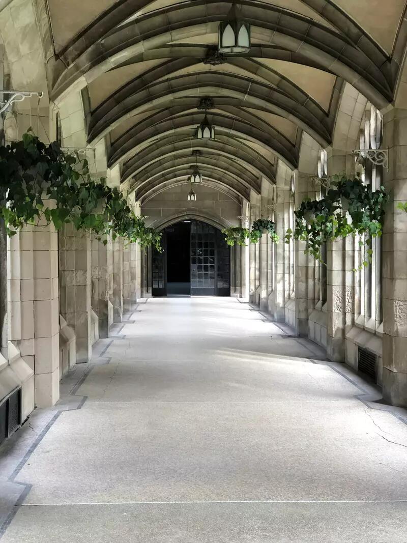 A shot of a stone pillared hallway on the University of Toronto campus, with hanging baskets along the sides.