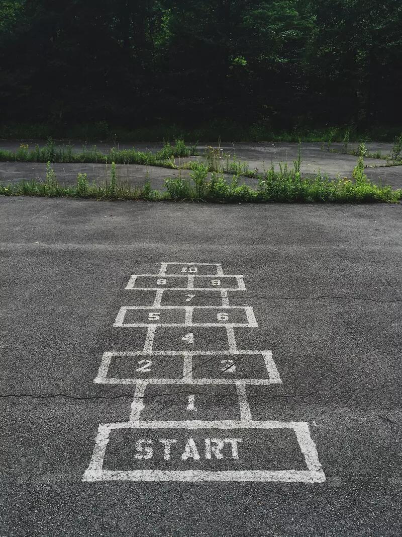 A hopscotch pattern painted in white on a concrete area