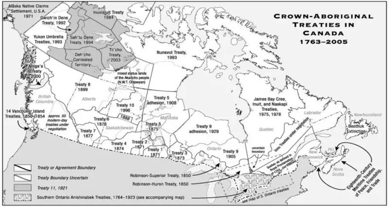 This map shows Crown-Aboriginal Treaties in Canada from 1763-2005.