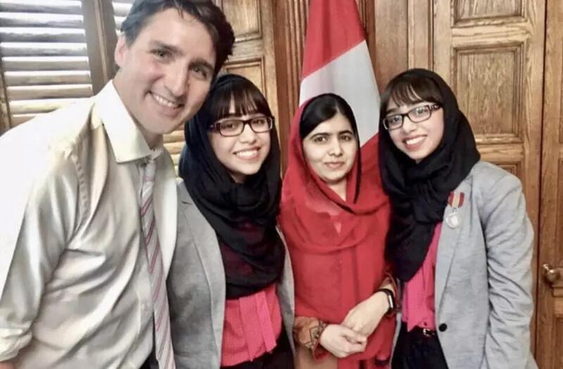 From L to R: Prime Minister Justin Trudeau, Maryam Rehman, Nobel-Peace Prize laureate Malala Yousufzai, and Nivaal Rehman
