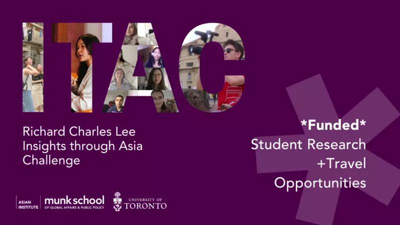 ITAC banner image with dark purple background. The text "ITAC" is spelled out in photos of past ITAC participants. Text in white letters reads, "Richard Charles Lee Insights through Asia Challenge" and "*Funded* Student Research + Travel Opportunities"