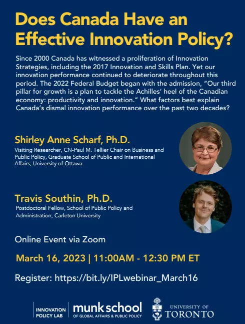 Poster for March 16th IPL webinar titled Does Canada have an effective innovation policy