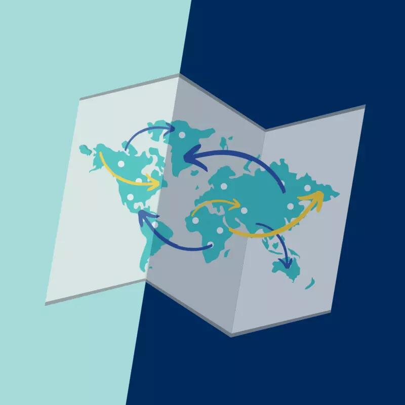 A world map on a light and dark blue background with arrows making connections across countries and continents.